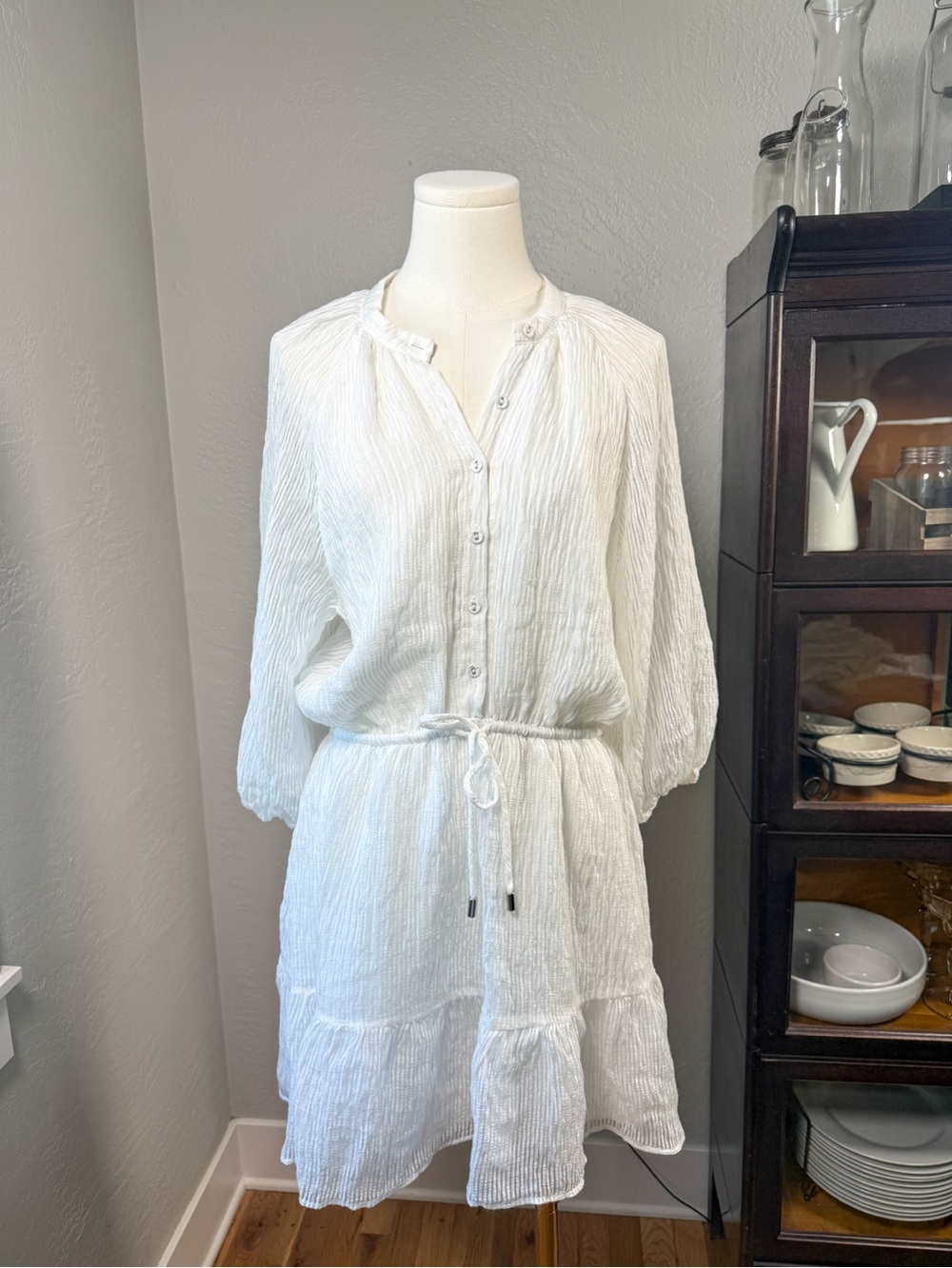 MINKPINK White Textured Gauze Tie Waist Boho Mini Dress Large